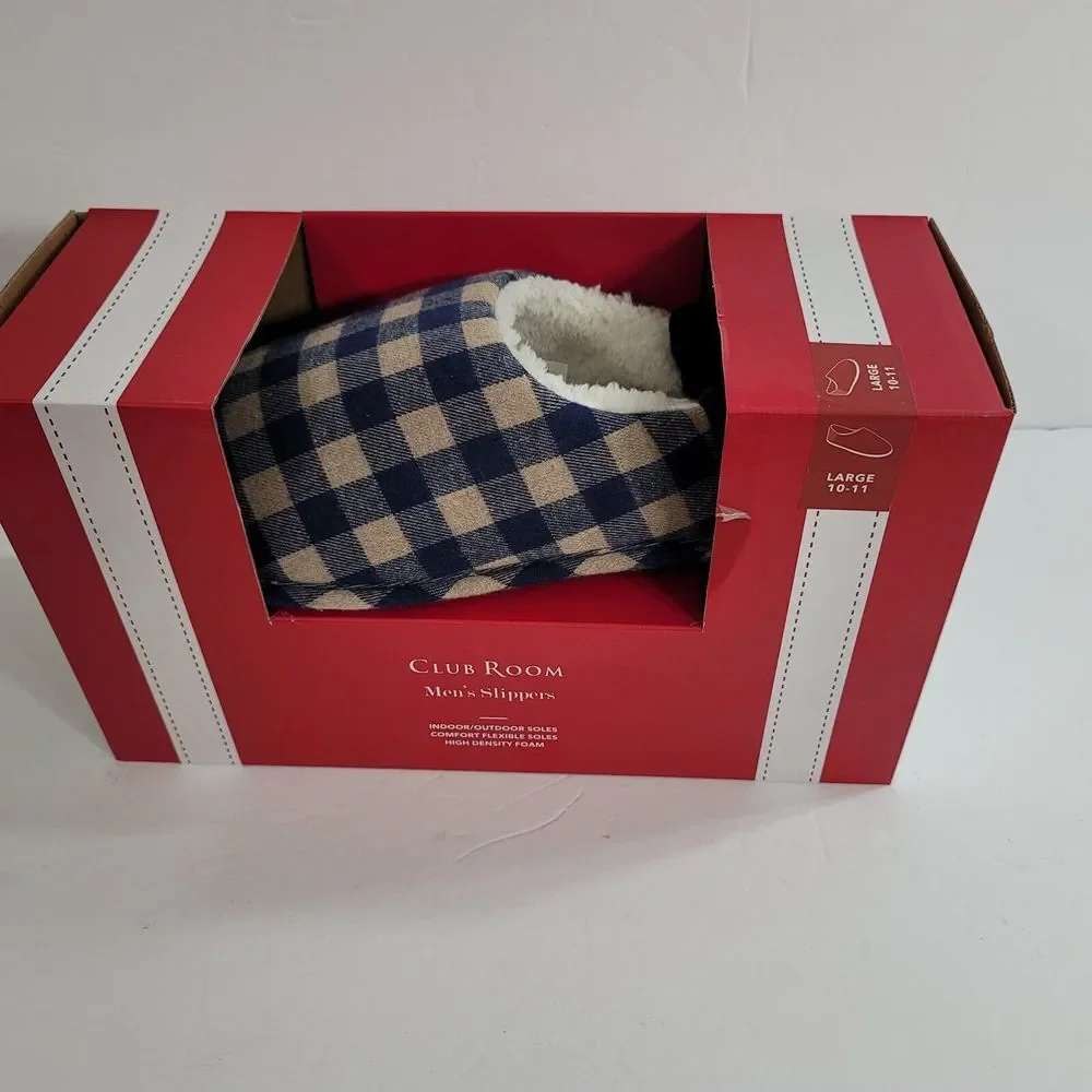 Club Room Gingham‎ Convertible Mule Slipper Mens Large 10-11 Navy & Beige NEW